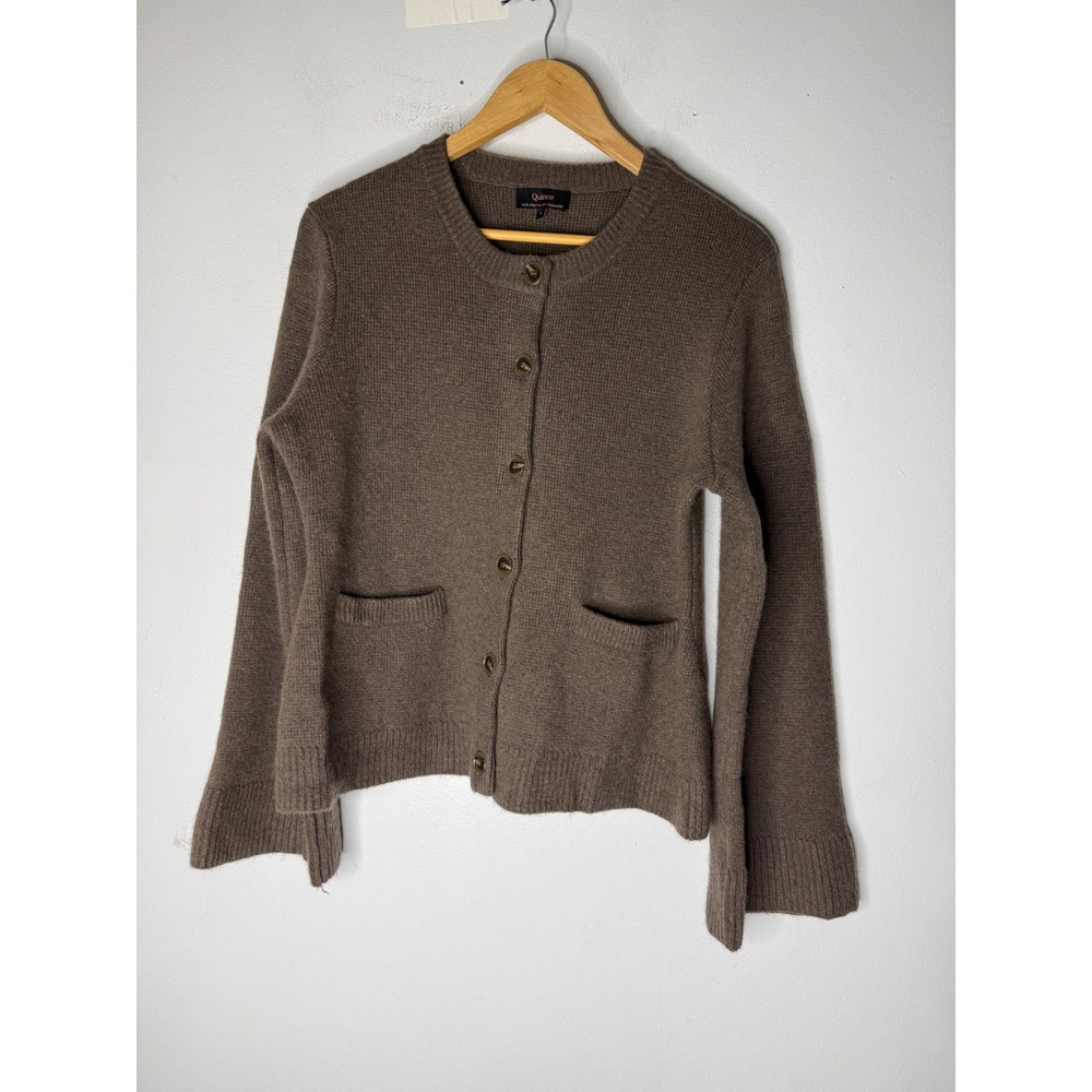 Quince mongolian cashmere structured cardigan brown crew neck pockets large